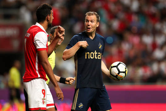 Per Karlsson defender of AIK (R) and Ahmed Hassan forward