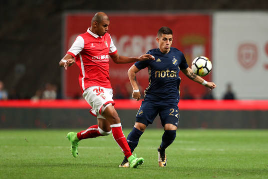Raul Silva defender of SC Braga (L) in action with Nicolas