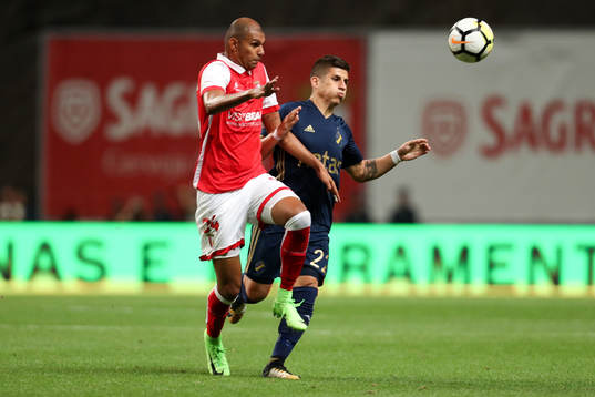 Raul Silva defender of SC Braga (L) in action with Nicolas