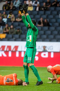 AFC Eskilstunas Målvakt Alireza Haghighi signalerar