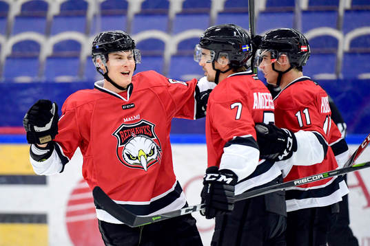 Malmö Redhawks Nils Andersson jublar med lagkamrater