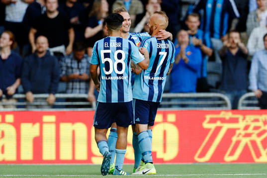 Djurgårdens Othman El Kabir och Magnus Eriksson jublar med