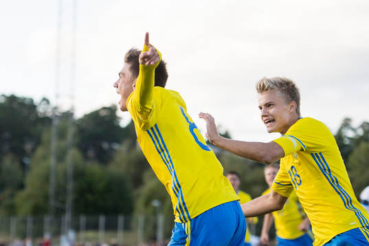 Sveriges Tim Prica (tv) gör 1-0 och jublar med Jerry