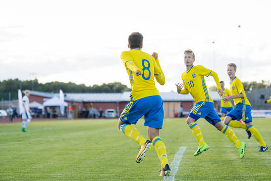 Sveriges Tim Prica (tv) gör 1-0 och jublar med Otto