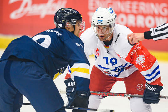 Face off between Anton Bengtsson of HV71 and Evan McGrath