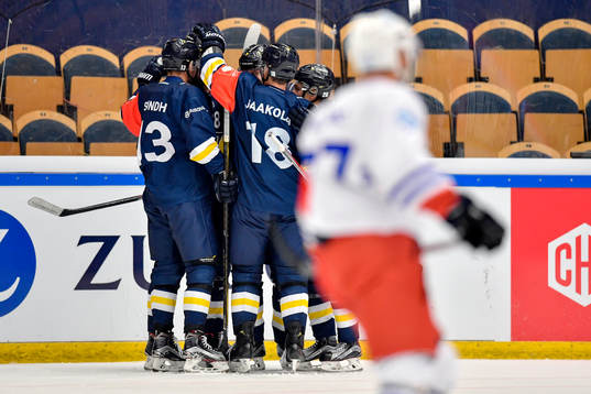 Kevin Stenlund of HV71 celebrates with his teammates
