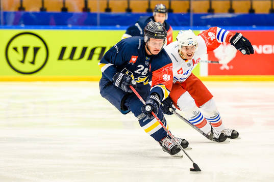 Anton Bengtsson of HV71 and Christoph Ullmann of Adler