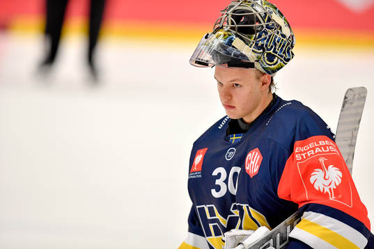 Linus Söderström goaltender of HV71 looks dejected