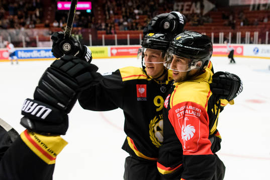 Aaron Palushaj of Brynäs celebrates with teammate Jesper