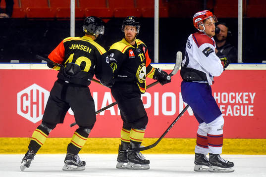 Kevin Clark of Brynäs celebrates with Jesper Jensen