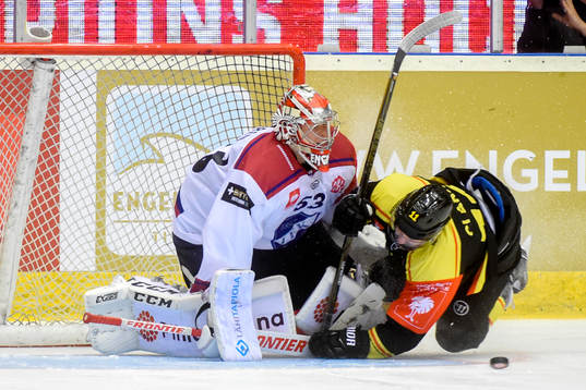 Kevin Clark of Brynäs scores a penalty past Goalkeeper