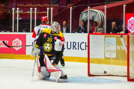 goalkeeper David Rautio  of Brynäs watches the puck hit