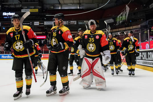 Daniel Paille and goalkeeper David Rautio  of Brynäs