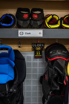 Gear inside Brynäs Locker room prior the CHL game between