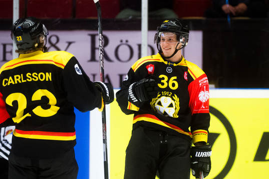 Linus Ölund of Brynäs celebrates with teammate Lucas
