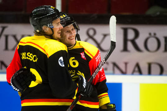 Linus Ölund of Brynäs celebrates with teammate Lucas
