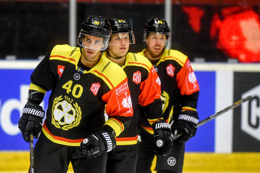 Jesper Jensen of Brynäs celebrates with his teammates