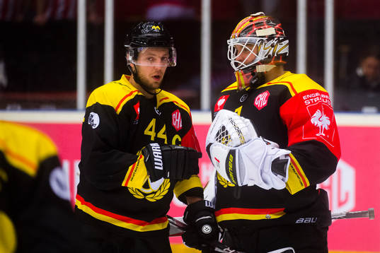 Jacob Blomqvist and goalkeeper Felix Sandström of Brynäs