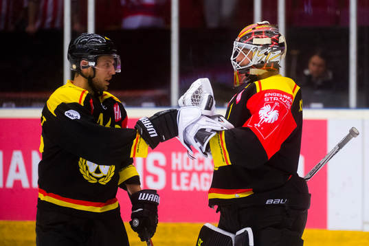 Jacob Blomqvist and goalkeeper Felix Sandström of Brynäs
