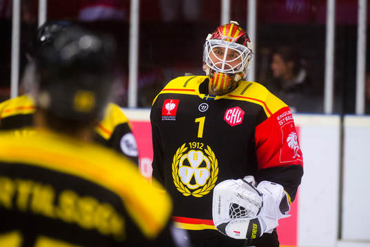 Goalkeeper Felix Sandström of Brynäs celebrates the