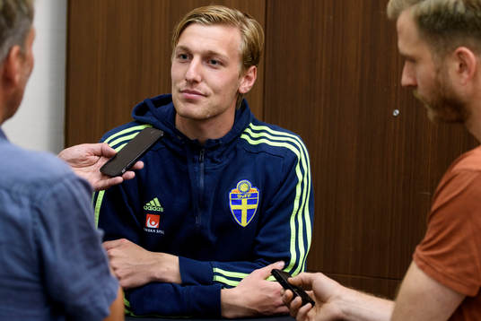 Swedish player Emil Forsberg meets media at a Mixed Zone
