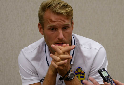 Swedish player Ola Toivonen meets media at a Mixed Zone