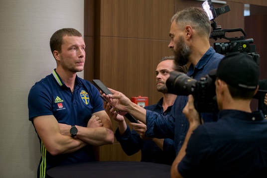 Swedish player Jakob Johansson meets media at a Mixed Zone