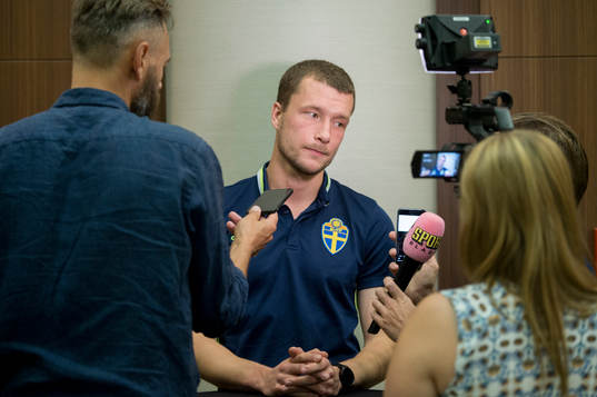 Swedish player Jakob Johansson meets media at a Mixed Zone