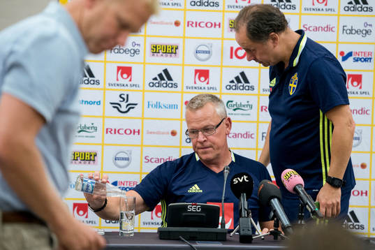 Swedish head coach Janne Andersson talks at a press