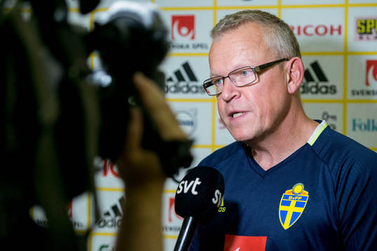 Swedish head coach Janne Andersson talks at a press