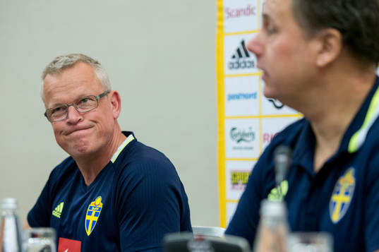 Swedish head coach Janne Andersson talks at a press