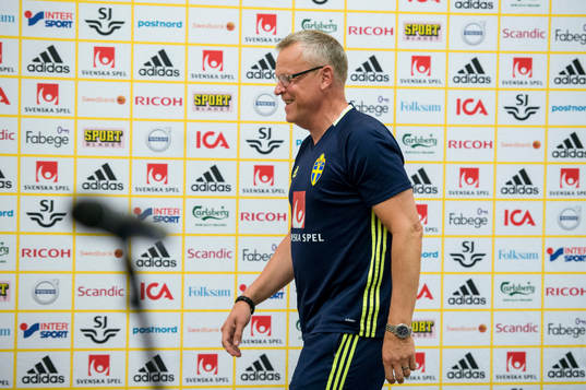 Swedish head coach Janne Andersson talks at a press