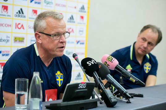 Swedish head coach Janne Andersson talks at a press