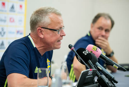 Swedish head coach Janne Andersson talks at a press