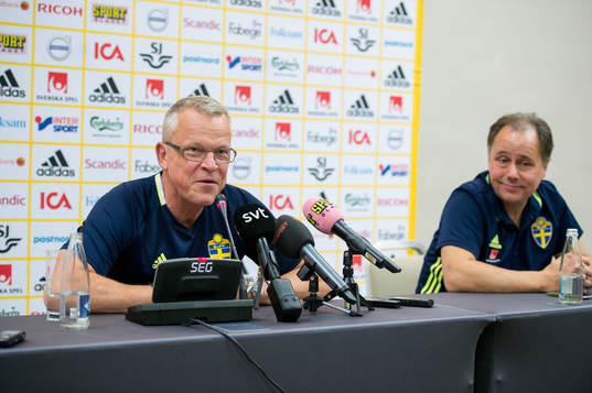 Swedish head coach Janne Andersson talks at a press