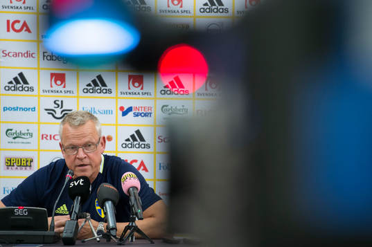 Swedish head coach Janne Andersson talks at a press