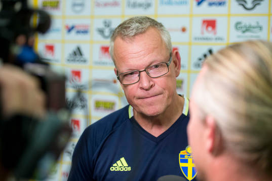 Swedish head coach Janne Andersson talks at a press