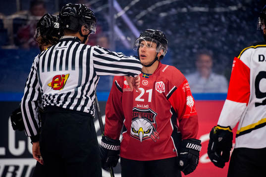 Andy Miele of Malmö Redhawks in discussion with a referee