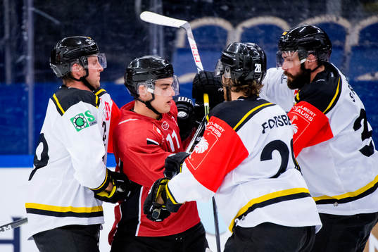 Lukas Haudum in a brawl with Stavanger Oilers players