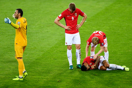 Goalkeeper Kamran Agayev of Azerbaijan reacts
