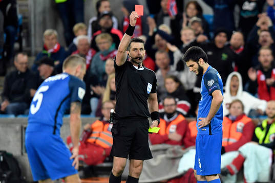 Badavi Hüseynov of Azerbaijan recieves a red card from