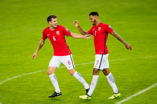 Håvard Nordtveit of Norway celebrates with Joshua King who