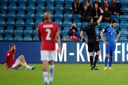 Badavi Hüseynov of Azerbaijan recieves a red card from