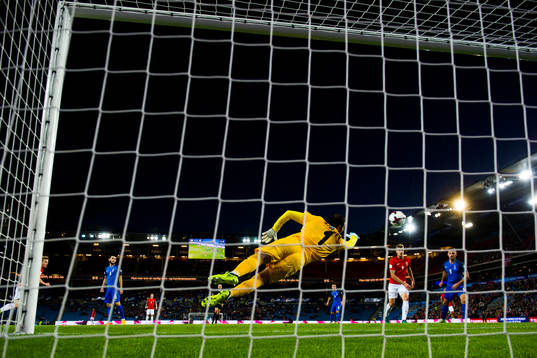 Goalkeeper Kamran Agayev of Azerbaijan saves the ball