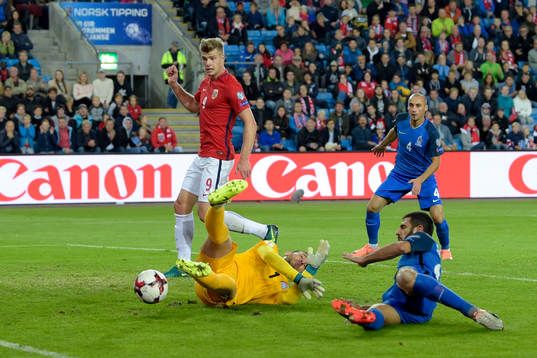 Alexander Sørloth of Norway sees the ball go in the net