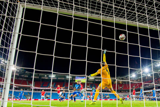 Goalkeeper Kamran Agayev of Azerbaijan makes a save