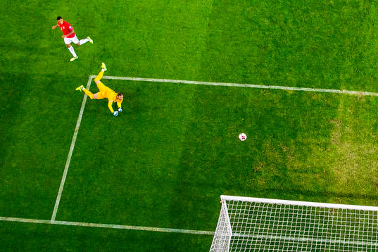 Joshua King of Norway scores a disallowed goal behind