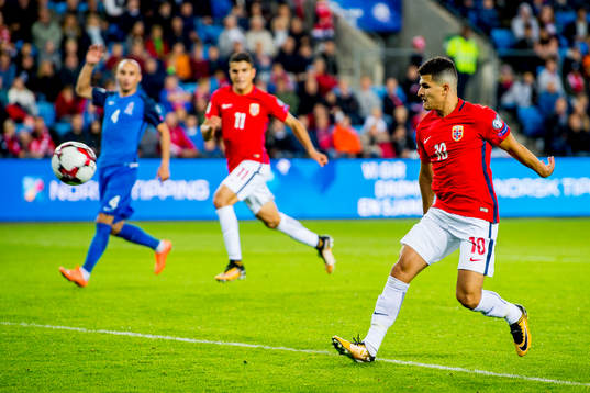 Tarik Elyounoussi of Norway scores a disallowed goal