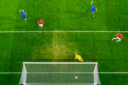 Tarik Elyounoussi of Norway scores a disallowed goal behind