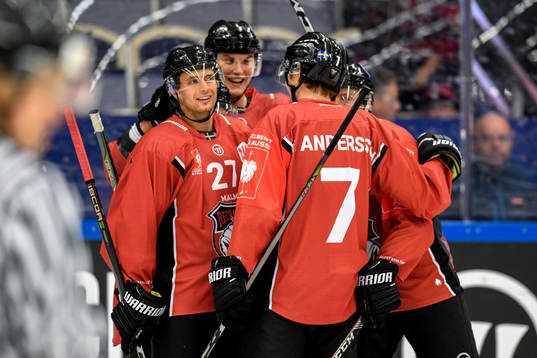 Rhett Rakhshani of Malmö Redhawks celebrates with his